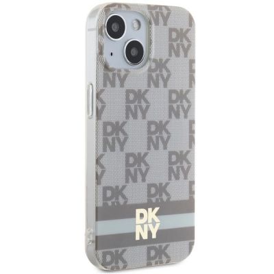 4. DKNY IML Checkered Mono Pattern & Printed Stripes MagSafe-Hülle für iPhone 15 / 14 / 13 – Beige