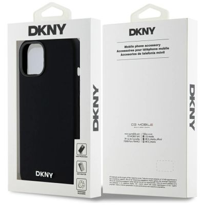 8. DKNY Flüssigsilikon-MagSafe-Hülle mit kleinem Metalllogo für iPhone 14/15/13 – Schwarz