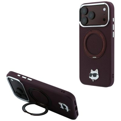 Karl Lagerfeld mit Ring Stand 360 Choupette Head Pin MagSafe Hülle für iPhone 18 Pro / 17 Pro - bordeauxrot