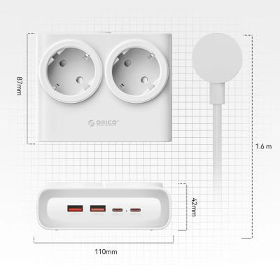 4. Orico PDC25 25W 6-in-1 Steckdosenleiste (2x Netzanschluss + 2x USB-A + 2x USB-C) – Weiß