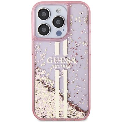 3. Guess Liquid Glitter Gold Stripes Hülle für iPhone 15 Pro – Rosa