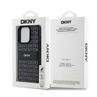 8. DKNY Lederhülle mit Monostreifen und Metalllogo für iPhone 15 Pro – Schwarz