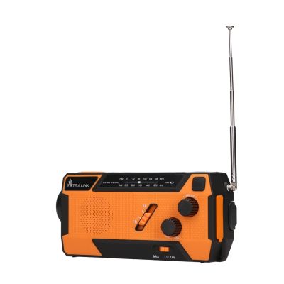 6. Extralink Solar-Notfallradio mit Kurbeldynamo-Powerbank (4000 mAh) und SOS-Taschenlampe SR-4000, tragbar, analog, Schwarz/Orange