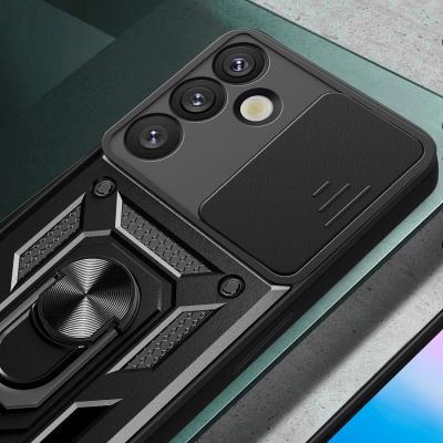 4. Hybrid Armor Camshield-Hülle mit Kameraabdeckung und Metallring für Samsung Galaxy S25+ – Schwarz