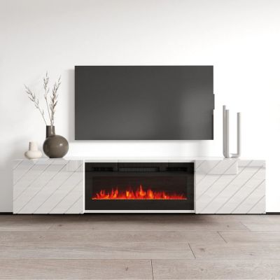 3. TV-Schrank LUXE 182,6 x 34,5 x 37,5 cm, weiß/weiß glänzend + schwarzer Kamin
