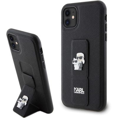 Karl Lagerfeld Gripstand Saffiano Karl&Choupette Pins Hülle für iPhone 11 / Xr – Schwarz