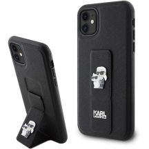 Karl Lagerfeld Gripstand Saffiano Karl&Choupette Pins Hülle für iPhone 11 / Xr – Schwarz