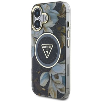 2. Guess Glitter Flowers Triangle Buttons MagSafe Hülle für iPhone 16 schwarz