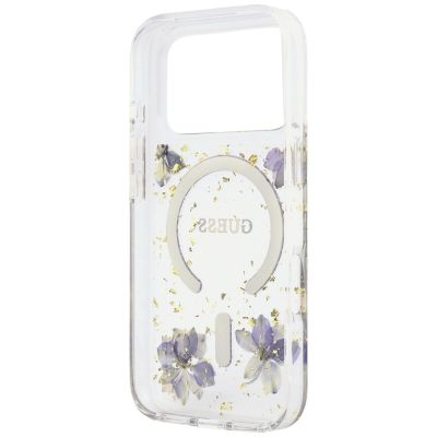 7. Guess Resin Flowers Glitter MagSafe Hülle für iPhone 18 Pro / 17 Pro - Lila