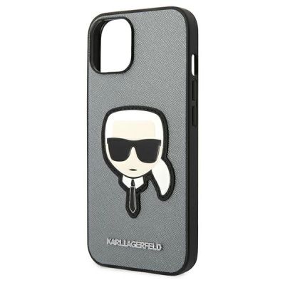 6. Karl Lagerfeld Saffiano Karl's Head Patch Hülle für iPhone 14 Plus - Silber