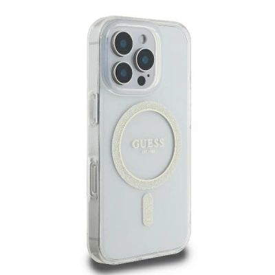 4. Guess GUHMP16LHFGERET iPhone 16 Pro 6,3" transparentes Hardcase IML Glitter Circle MagSafe