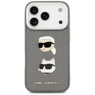 3. Karl Lagerfeld FW Grained Karl & Choupette Heads Pins & Logo iPhone 17 Pro Hülle - Grau