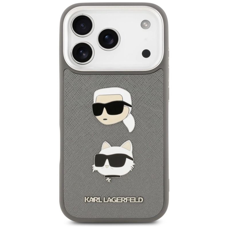 3. Karl Lagerfeld FW Grained Karl & Choupette Heads Pins & Logo iPhone 17 Pro Hülle - Grau