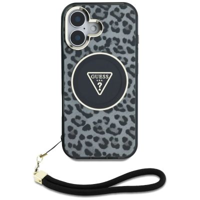 2. Guess HC IML Leopard Triangle Cord Strap MagSafe iPhone 16 Hülle - Schwarz
