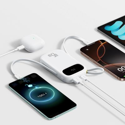 5. Baseus EnerFill FC31 QPow3 10000mAh 45W Powerbank mit Digitalanzeige und 2 integrierten USB-C-Kabeln – Weiß