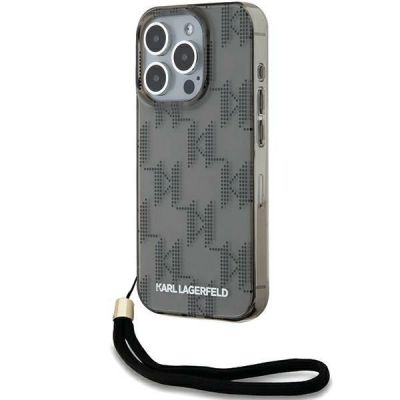 Karl Lagerfeld IML Mono KL Pattern & Cord Hülle für iPhone 15 Pro Max – Schwarz