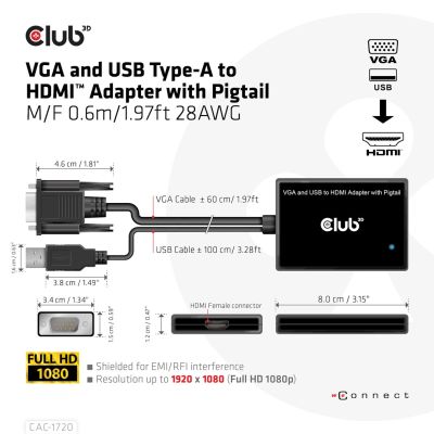 4. CLUB3D CAC-1720 Kabeladapter 0,6 m HDMI Typ A (Standard) VGA (D-Sub) + USB Schwarz