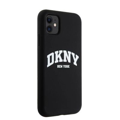 5. DKNY Liquid Silicone MagSafe Hülle für iPhone 11/Xr, Weiß, mit aufgedrucktem Logo, Schwarz