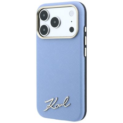 2. Karl Lagerfeld Saffiano MagSafe Hülle mit kleinem Schriftzug und Metalllogo für iPhone 17 Pro / 18 Pro – Hellblau