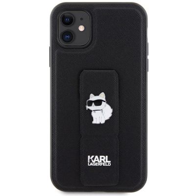 3. Karl Lagerfeld Gripstand Saffiano Choupette Pins Hülle für iPhone 11 / Xr – Schwarz