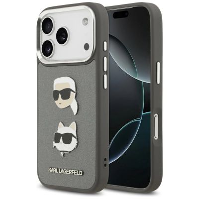 Karl Lagerfeld FW Grained Karl & Choupette Heads Pins & Logo iPhone 17 Pro Hülle - Grau