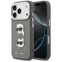 Karl Lagerfeld FW Grained Karl & Choupette Heads Pins & Logo iPhone 17 Pro Hülle - Grau