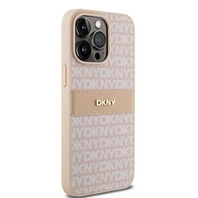 4. DKNY Lederhülle mit Monostreifen und Metalllogo für iPhone 15 Pro Max – Rosa