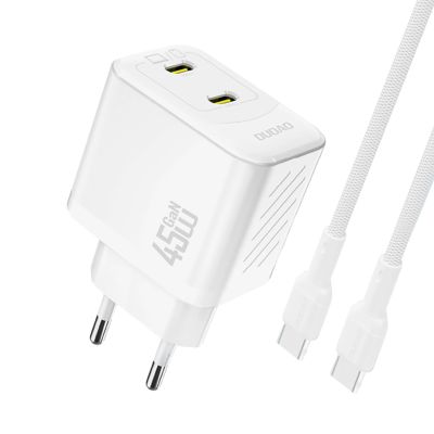 Dudao A28PCEU PD 45W GaN 2xUSB-C Wandladegerät mit USB-C-Kabel – Weiß
