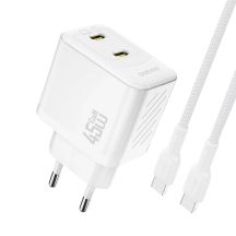 Dudao A28PCEU PD 45W GaN 2xUSB-C Wandladegerät mit USB-C-Kabel – Weiß