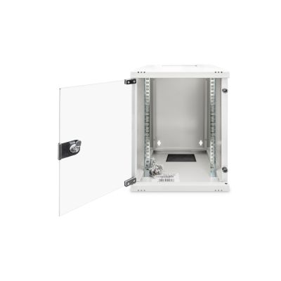 16. Wandmontierter Netzwerkschrank 10" 9U Rack 312x300, Glastür, grau, ungeteilt, montiert, 30 kg