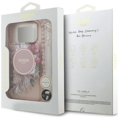 8. Guess IML Flowers Pearl Strap MagSafe Hülle für iPhone 18 Pro Max / 17 Pro Max – rosa