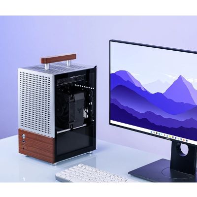6. Jonsbo T6 Mini-Tower-PC-Gehäuse, Mini-ITX, gehärtetes Glas, Holz – Silber