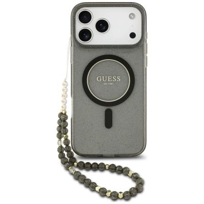 Guess IML Glitter Pearl Strap MagSafe Hülle für iPhone 18 Pro / 17 Pro – schwarz