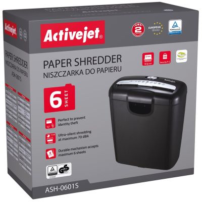 2. Activejet ASH-0601S Aktenvernichter, P-2, 10 l, 6 mm Streifen, 6 Blatt, schwarz.