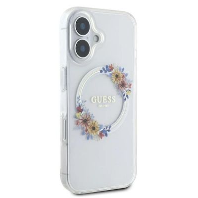 4. Guess IML Blumenkranz MagSafe Hülle für iPhone 16 Plus – Transparent