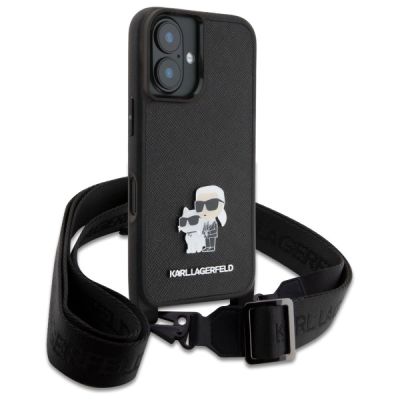 3. Karl Lagerfeld Saffiano Karl&Choupette Metal Pin CBDY Strap Case für iPhone 16 – Schwarz