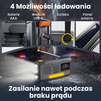 5. Extralink Bluetooth-Solarradio mit Kurbeldynamo-Powerbank (4000 mAh) und SOS-Taschenlampe BT-4000, tragbar, analog und digital, Schwarz/Orange