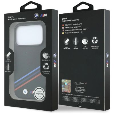 8. BMW M Quadrille Kevlar-Print, dreifarbige Linien & Metalllogo, MagSafe-Hülle für iPhone 18 Pro Max / 17 Pro Max – Schwarz