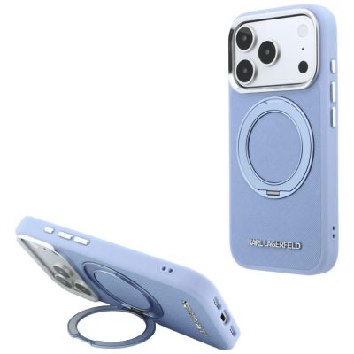 Karl Lagerfeld Ring Stand 360 Saffiano Classic Logo MagSafe Hülle für iPhone 18 Pro Max / 17 Pro Max - Hellblau