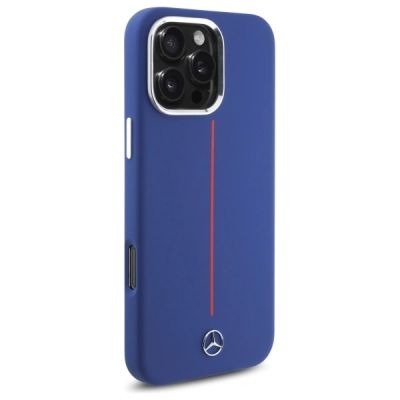 4. Mercedes Silikonhülle mit rotem Streifen und MagSafe-Funktion für iPhone 16 Pro Max – Marineblau
