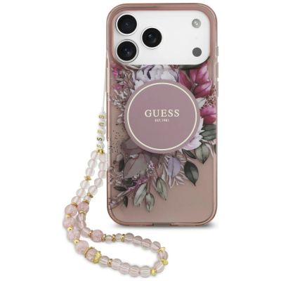 Guess IML Flowers Pearl Strap MagSafe Hülle für iPhone 18 Pro / 17 Pro – Rosa