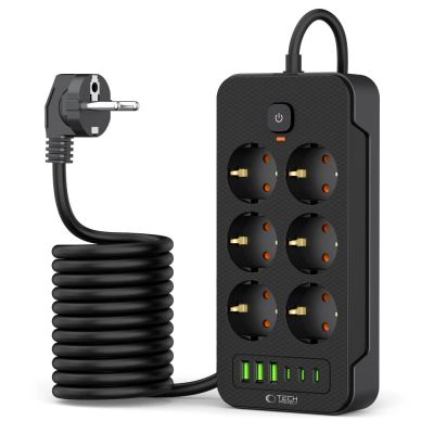 2. Tech-Protect PC6X6 Steckdosenleiste 6 Steckdosen 240V + 3xUSB-A + 3xUSB-C 200cm - Schwarz