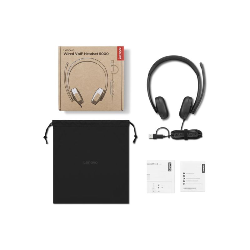 9. Lenovo 5000 Kabelgebundenes VoIP-Headset mit Mikrofon, USB-A/C, Schwarz