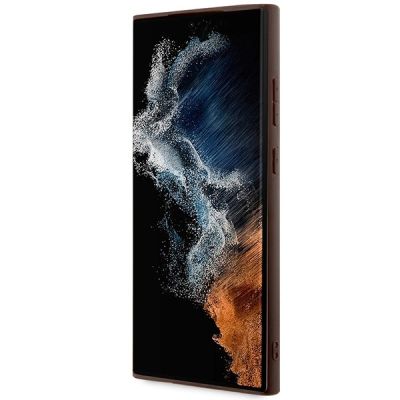 5. Guess 4G Collection MagSafe Leder-Metall-Logo-Hülle für Samsung Galaxy S24 Ultra – Braun