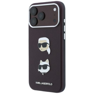 2. Karl Lagerfeld Saffiano Hülle mit Karl & Choupette Köpfen Pins & Logo für iPhone 18 Pro / 17 Pro - bordeauxrot