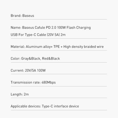 20. Baseus CATKLF-ALG1 USB-C – USB-C PD QC-Kabel 100 W 5 A 2 m – grau