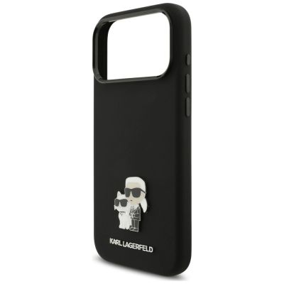 6. Karl Lagerfeld Silicone Karl&Choupette Metal Pin Hülle für iPhone 18 Pro Max / 17 Pro Max – Schwarz