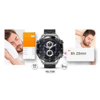 18. VELTORI VT100-1 Smartwatch + Schwarzes Silikonarmband + Schwarzes Öko-Leder