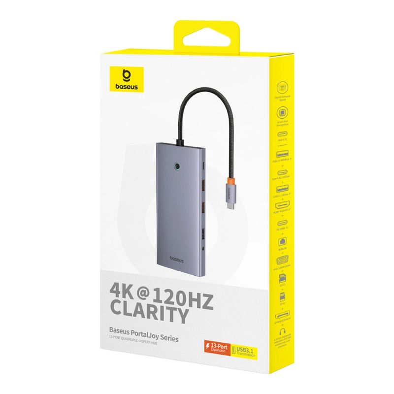 5. HUB Baseus PortalJoy Series 13in1 USB-C – 2x HDMI / DP / VGA / USB-A 3.1 / USB-C 3.1 / USB-A 2.0 / PD / RJ45 / SD / TF / AUX – grau
