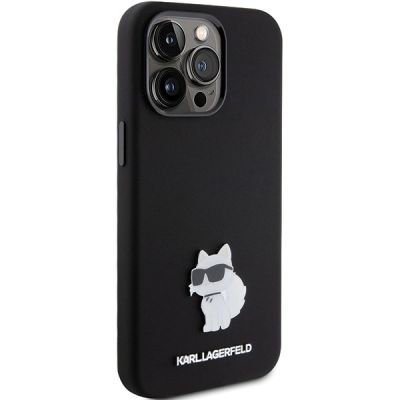 4. Karl Lagerfeld Choupette Metal Pin-Hülle aus Silikon für iPhone 15 Pro Max – Schwarz